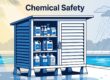 A locked cabinet safely stores labeled pool chemicals above wet ground beside a backyard pool.