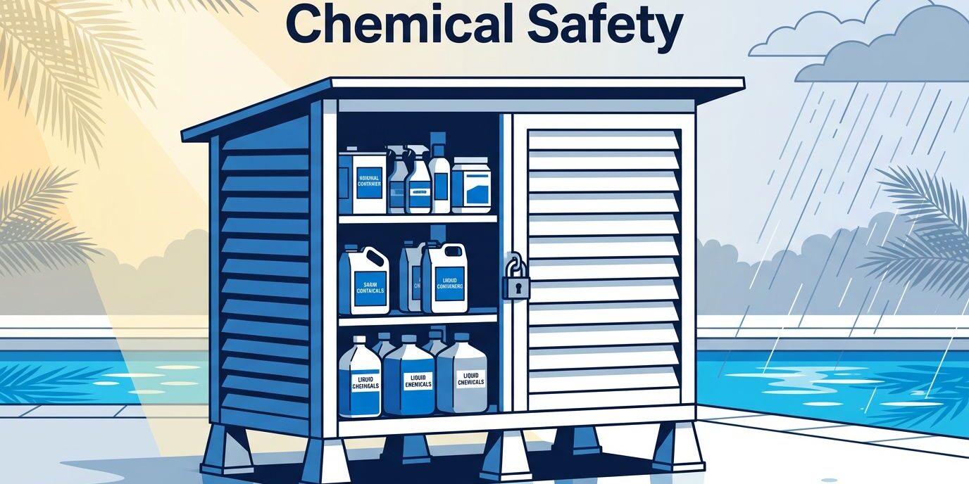 A locked cabinet safely stores labeled pool chemicals above wet ground beside a backyard pool.