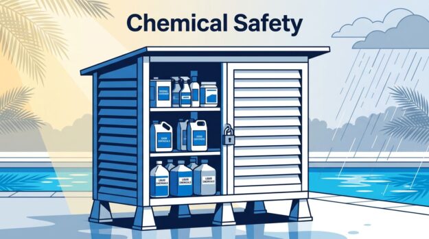 Secure Pool Chemical Cabinet A locked cabinet safely stores labeled pool chemicals above wet ground beside a backyard pool.