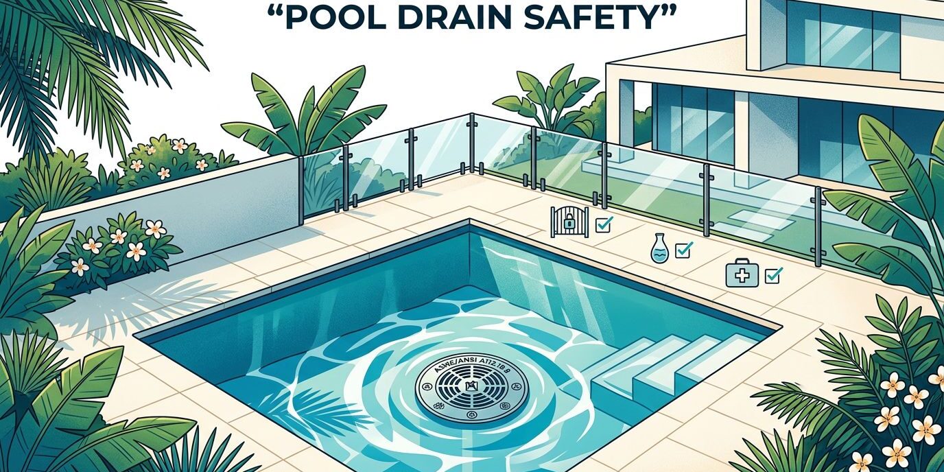 Pool Drain Safety Cover A secured drain cover beneath clear blue pool water with safety icons and tropical landscaping.