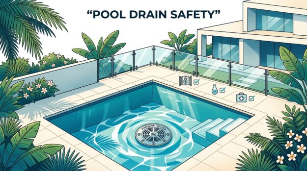Pool Drain Safety Cover A secured drain cover beneath clear blue pool water with safety icons and tropical landscaping.