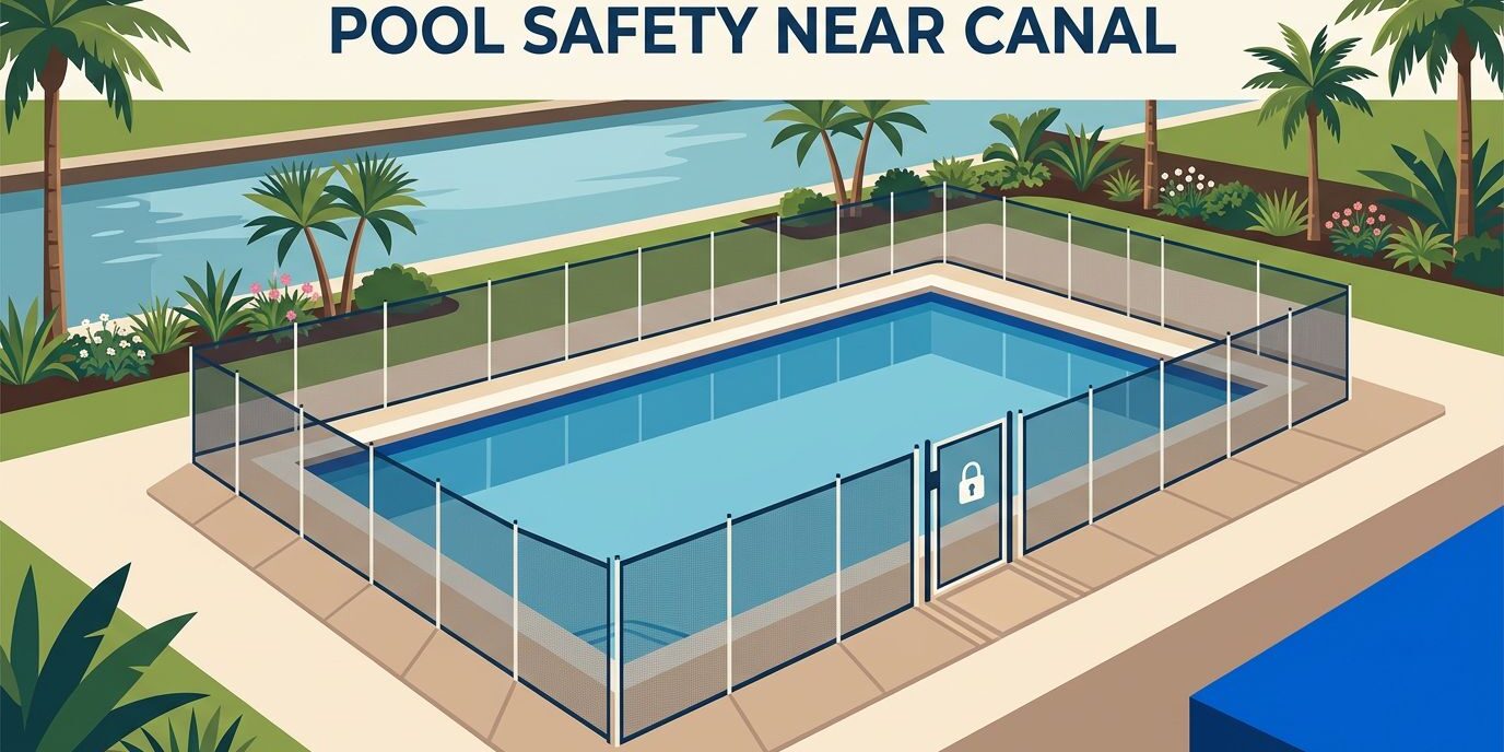 A fenced backyard pool sits beside a landscaped canal with palm trees.