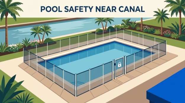 Canal-Side Pool Barrier A fenced backyard pool sits beside a landscaped canal with palm trees.