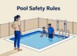Mother and instructor supervise a child entering a fenced backyard pool feet first.