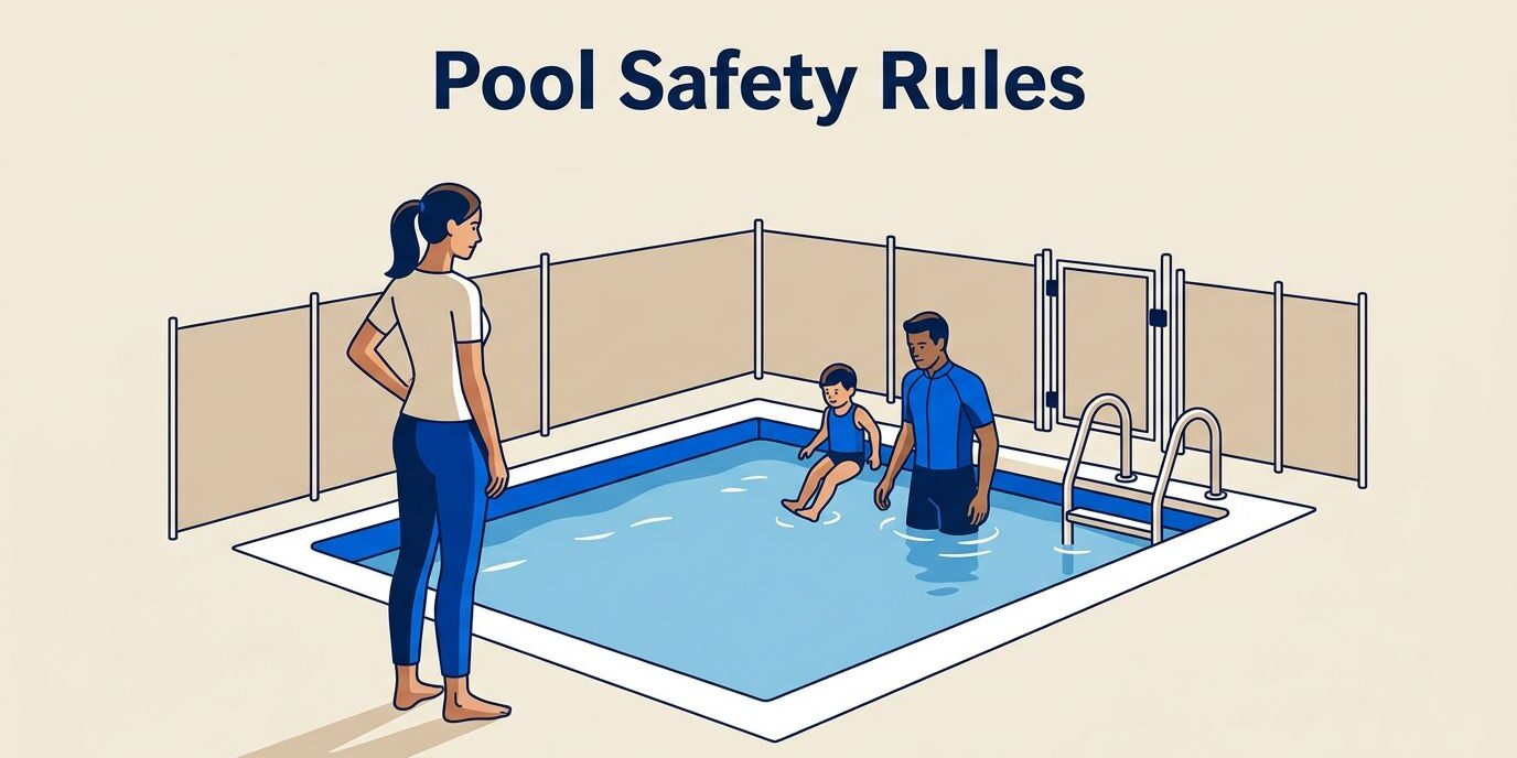 Mother and instructor supervise a child entering a fenced backyard pool feet first.