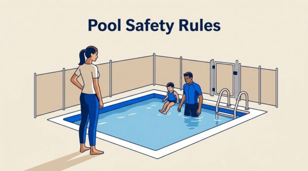 Backyard Pool Safety Mother and instructor supervise a child entering a fenced backyard pool feet first.