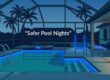 Blue lights illuminate a screened pool, steps, ladder, gate, and wet walkway at dusk.
