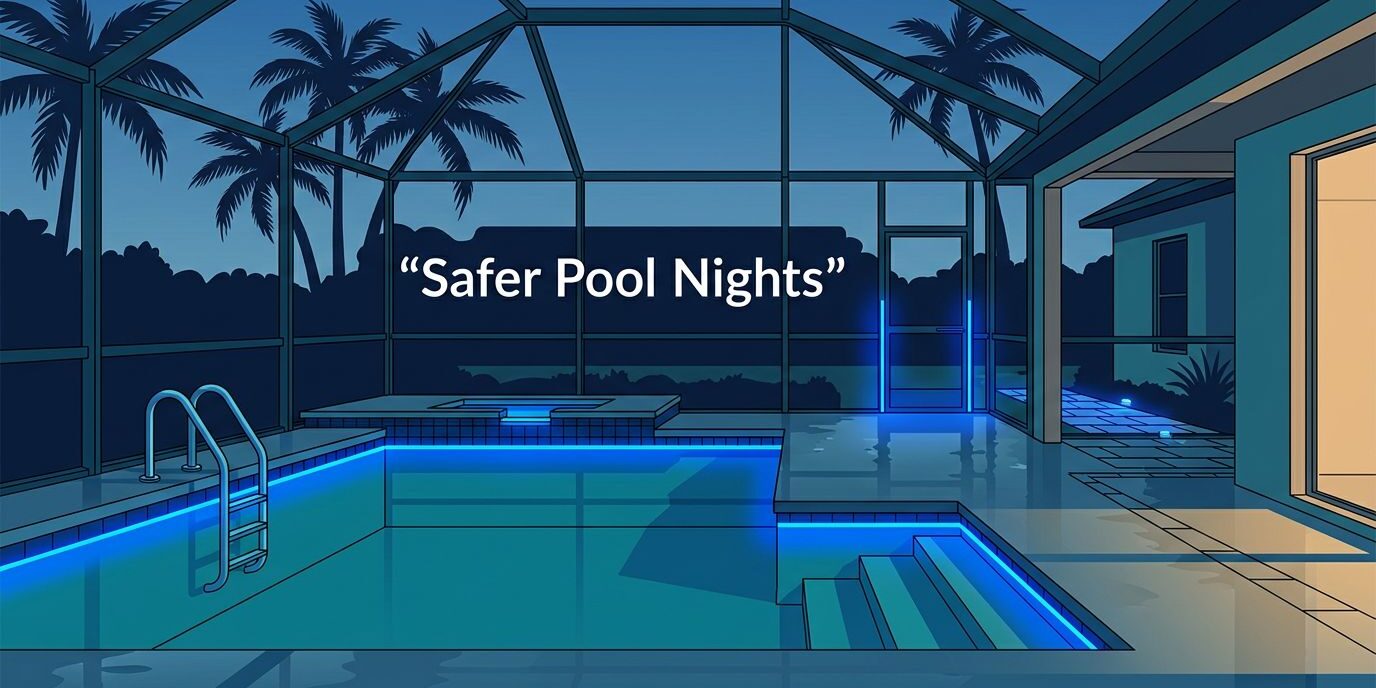 Southwest Florida Pool Lanai Blue lights illuminate a screened pool, steps, ladder, gate, and wet walkway at dusk.