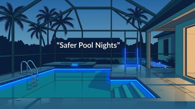 Southwest Florida Pool Lanai Blue lights illuminate a screened pool, steps, ladder, gate, and wet walkway at dusk.