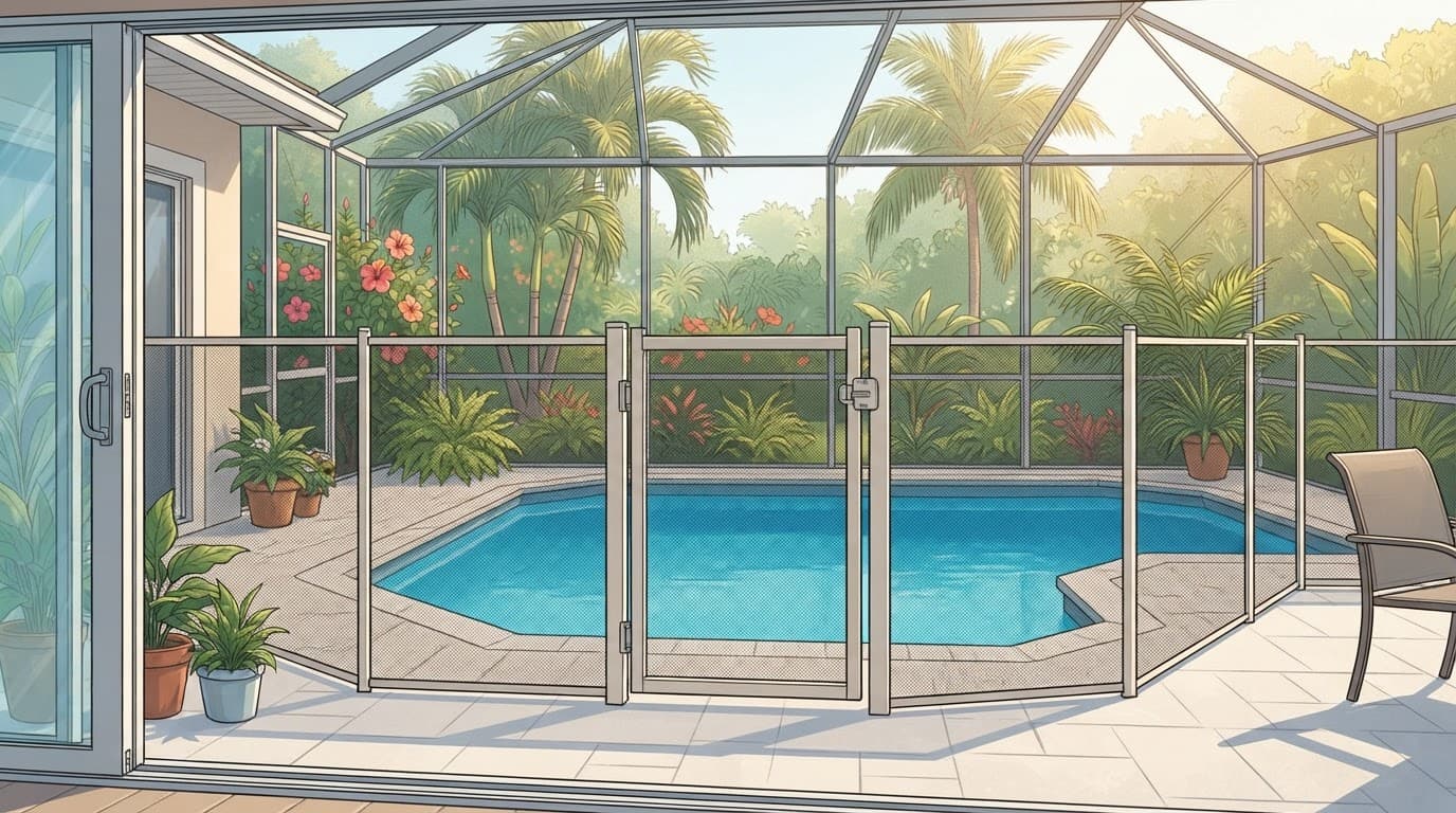 Florida pool safety barriers with a closed removable mesh gate around a bright residential pool.