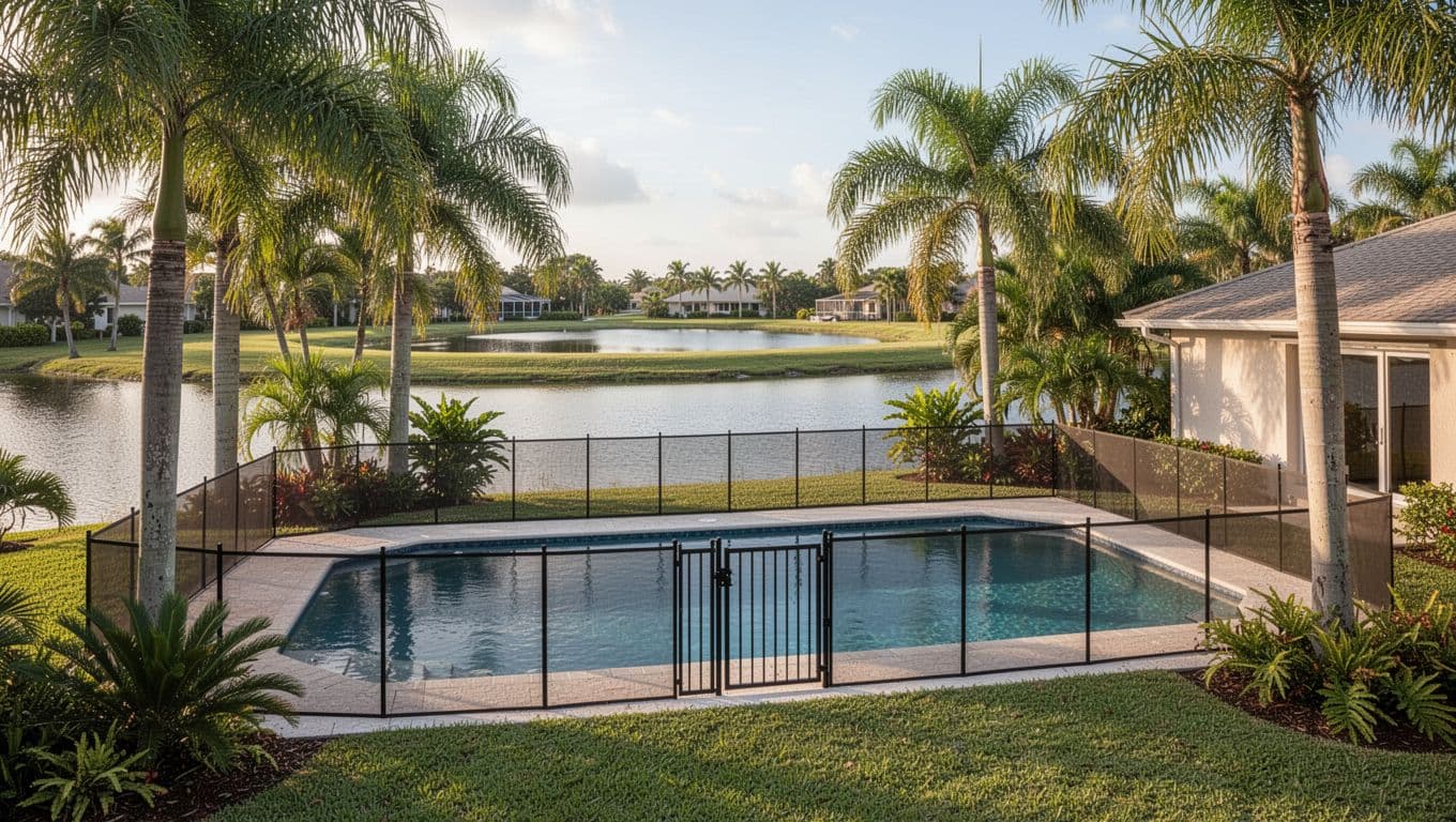 A removable mesh fence beside a Florida pool and canal.