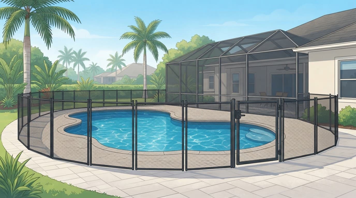 Removable mesh barrier with a secure gate creating an isolated pool area in a Florida backyard.