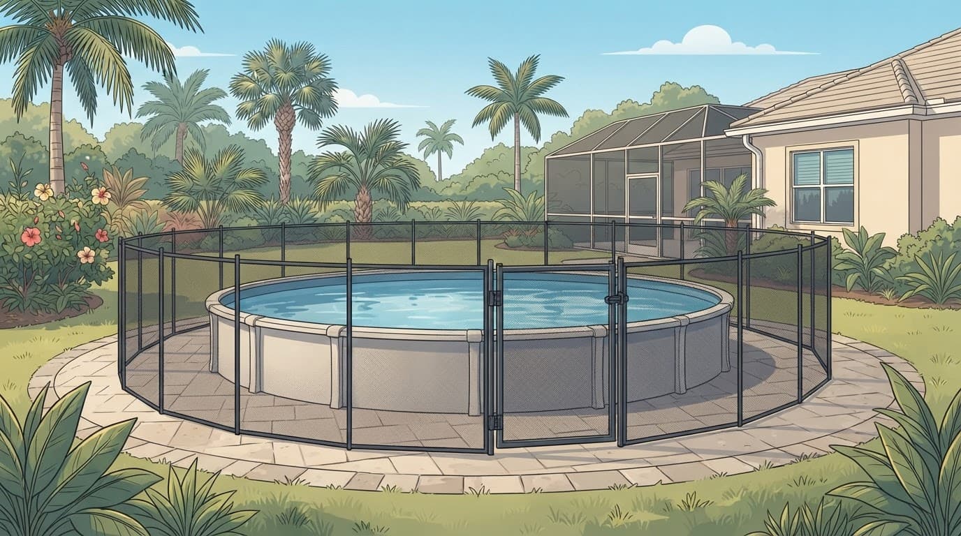 Above ground pool barriers: a mesh fence and self-closing gate surround an above-ground pool in a sunny Florida yard.