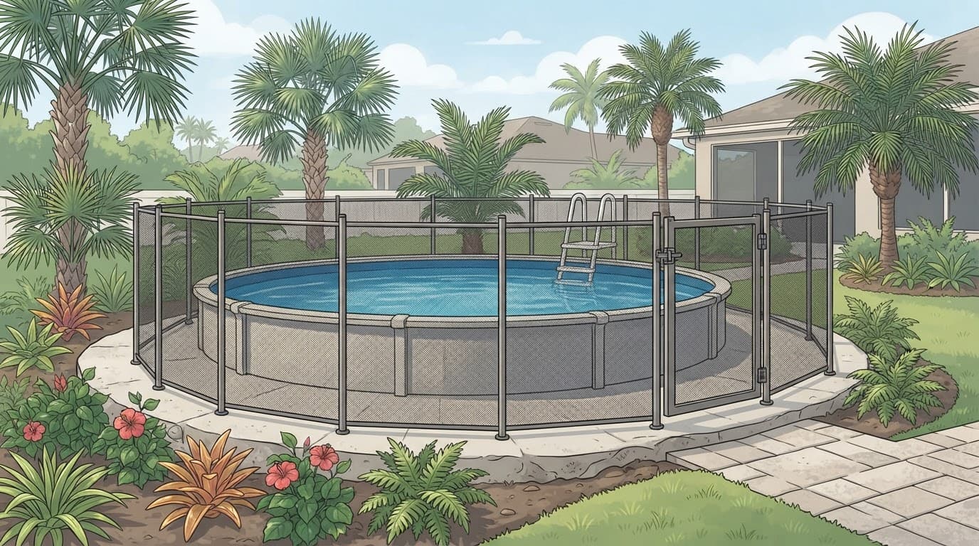 Removable mesh fence and gate around an above-ground pool on uneven Florida ground.