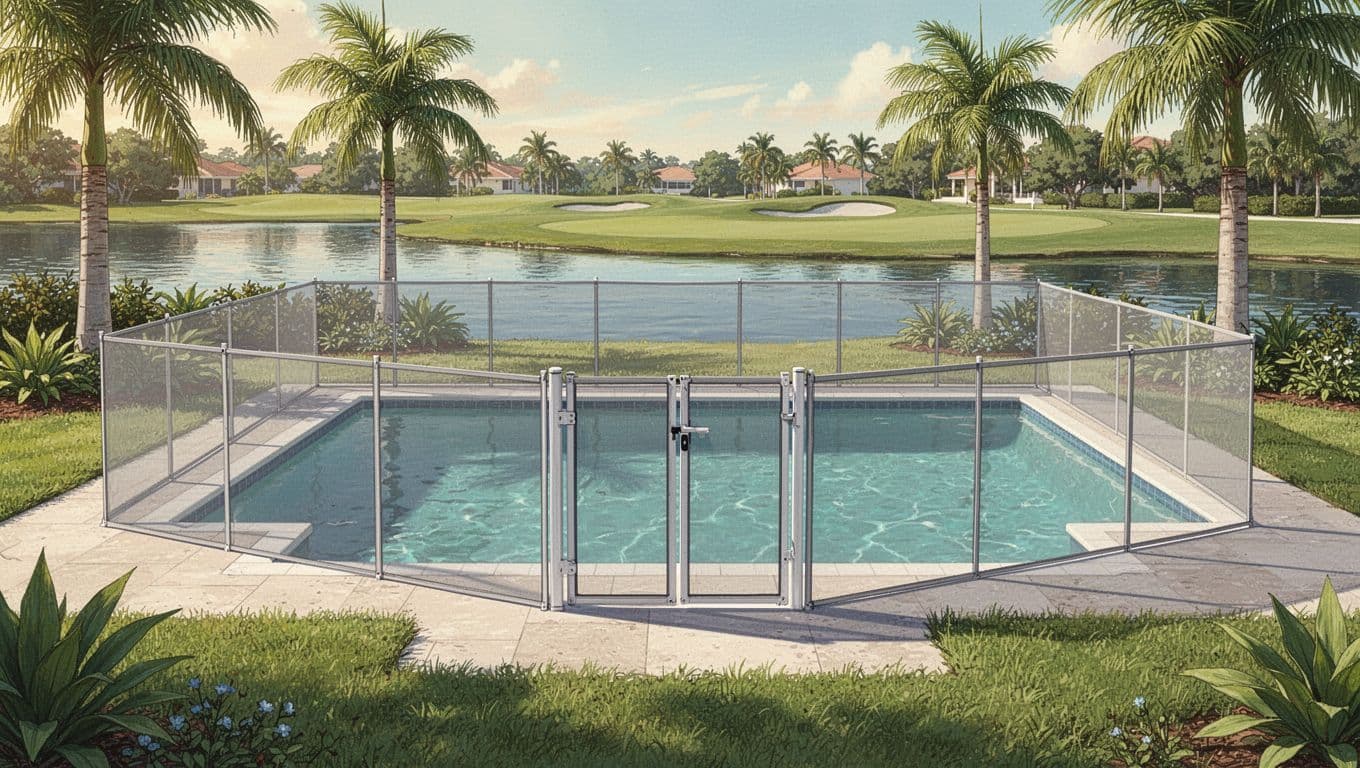 Transparent removable mesh fence with a self-closing gate around a pool.