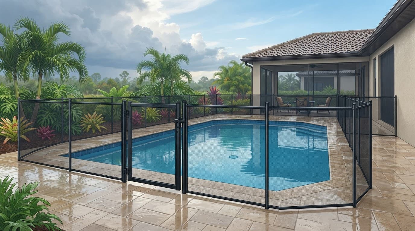 A removable mesh fence and closed gate surround an empty pool after rain.