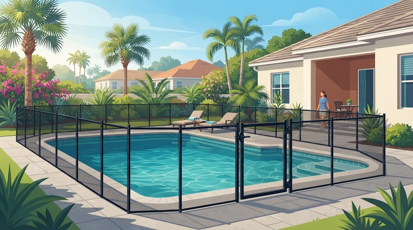 A black mesh fence and self-closing gate around a backyard pool. Florida Pool Safety