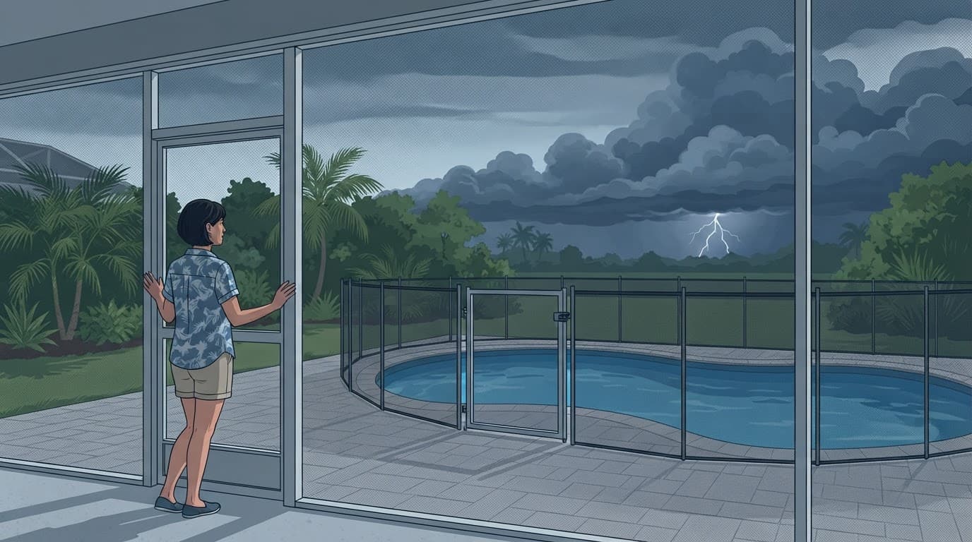 A homeowner watches a pool from a screened patio during a distant storm.