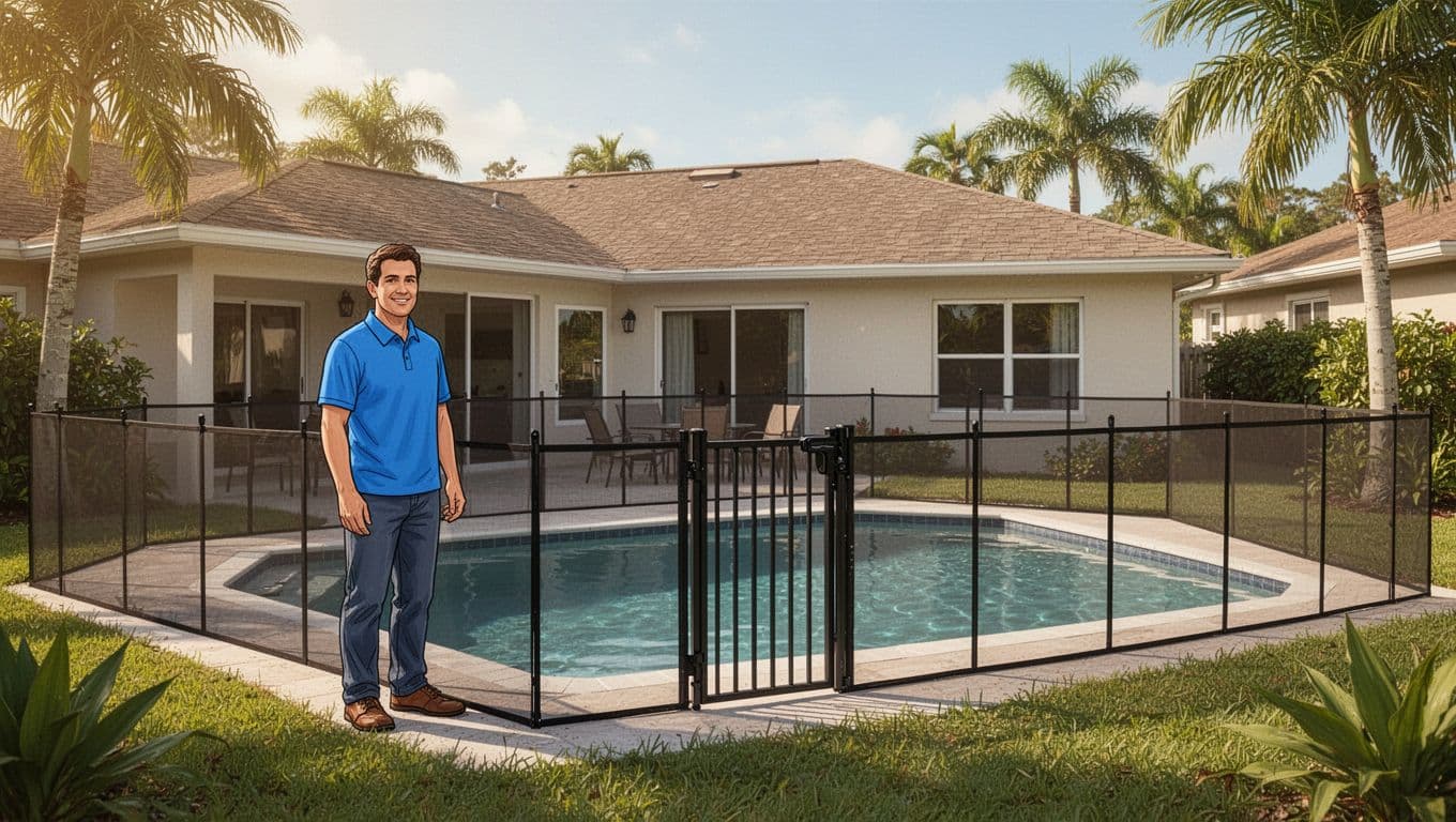 Homeowner beside a four-sided fence surrounding a backyard swimming area.