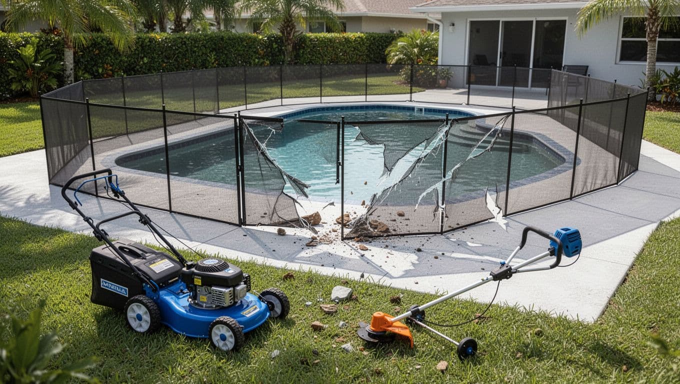 Mower and string trimmer near a mesh fence beside a pool.