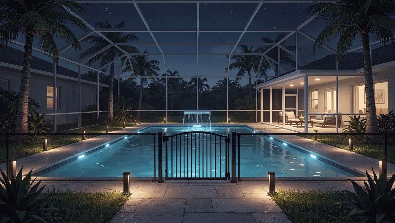 Southwest Florida pool with blue illumination, lit paths, palm silhouettes, and a closed safety gate.
