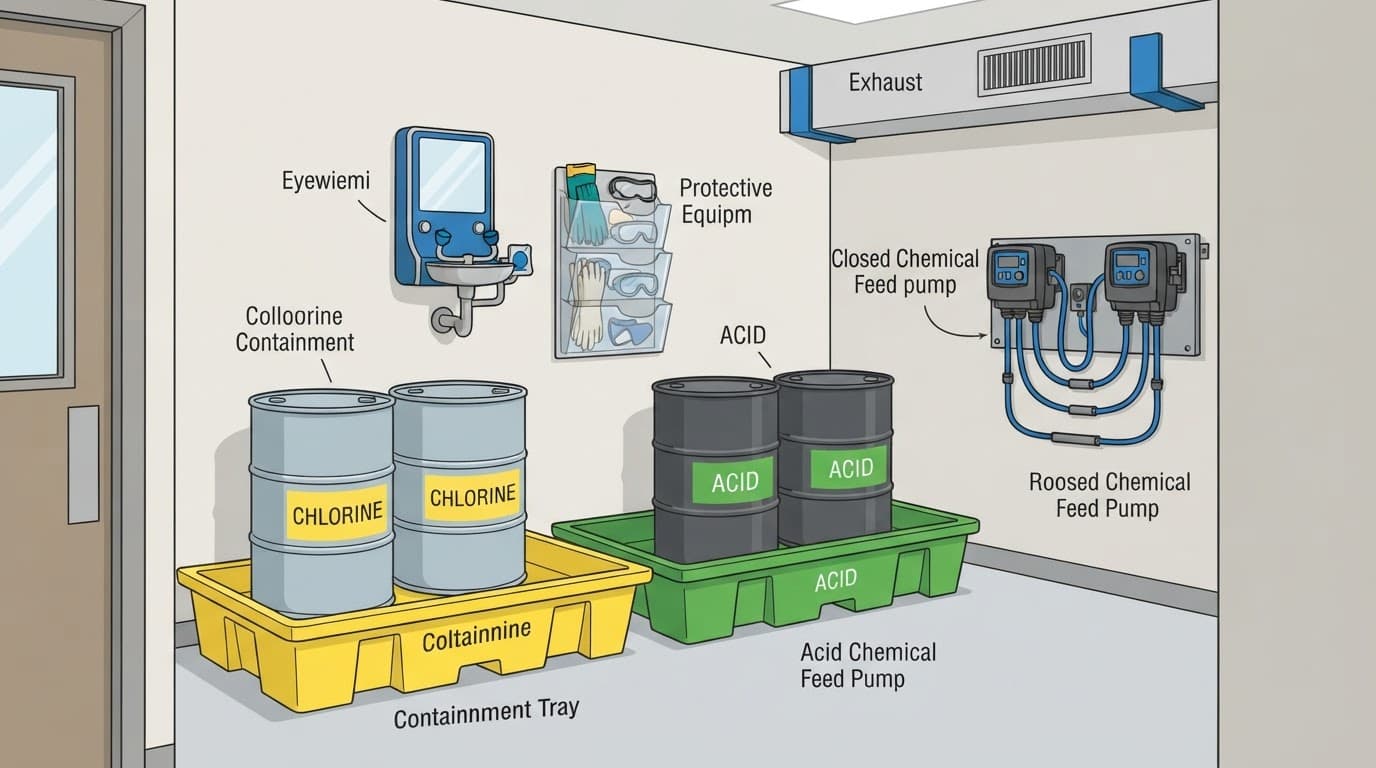 Chlorine and acid containers sit in separate safety trays.