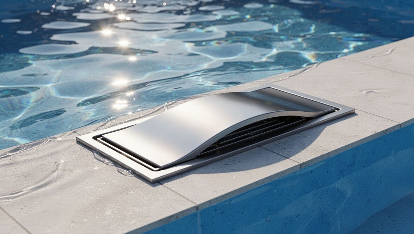 A curved drain cover at the bottom of a clear blue pool.