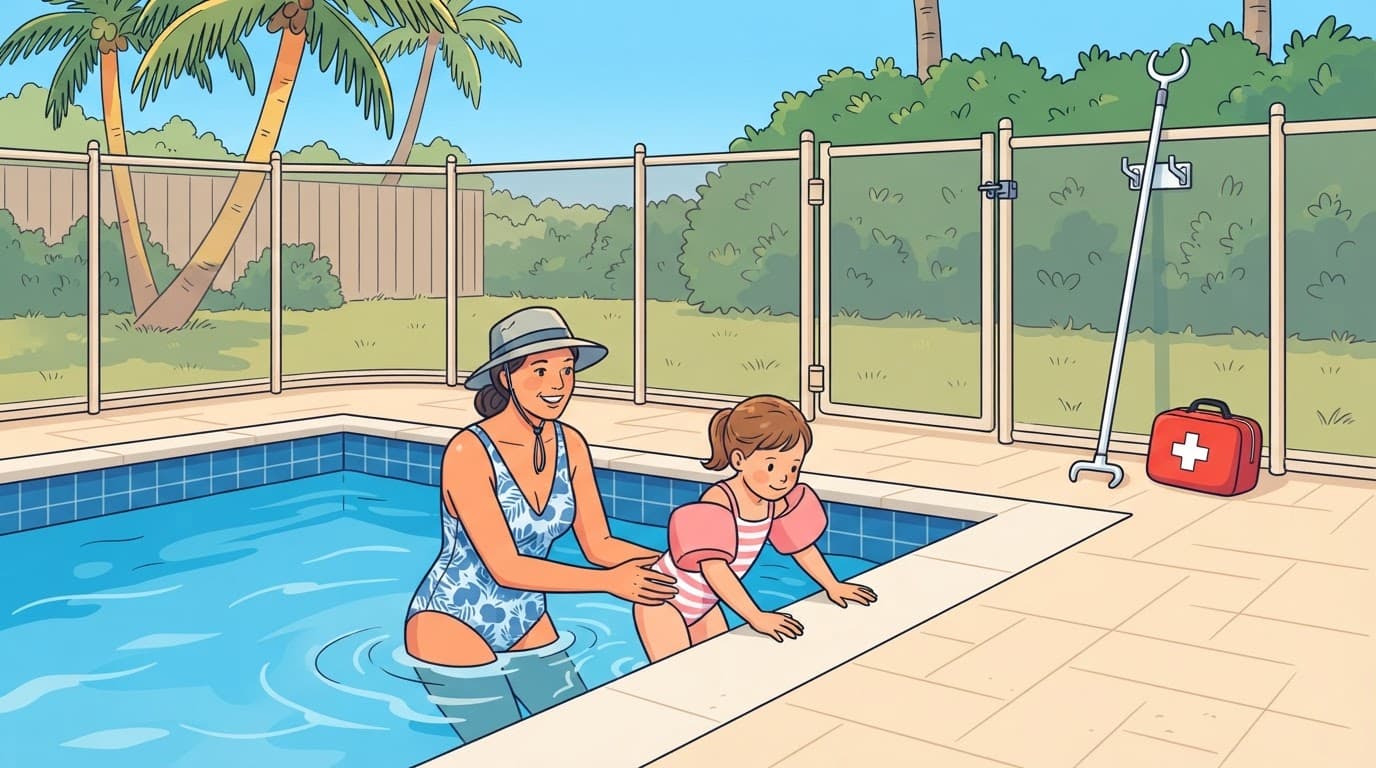 Parent helps a child practice pool safety rules at the pool edge.