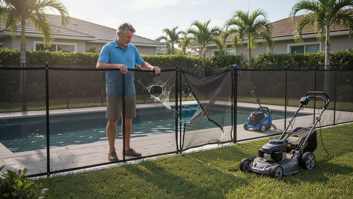 A homeowner inspects a pool fence beside a pool, with lawn equipment set safely away.