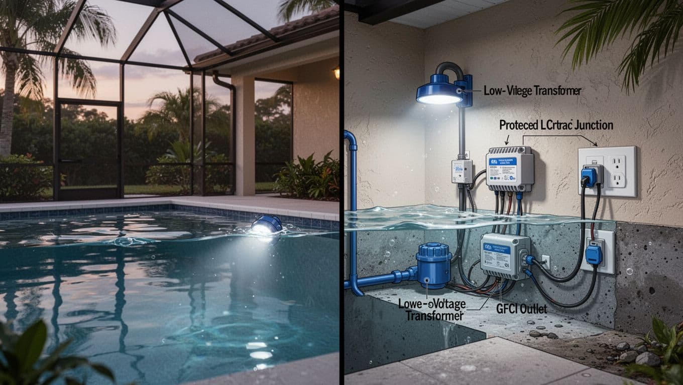 Underwater LED fixture, transformer, GFCI outlet, and screened lanai.