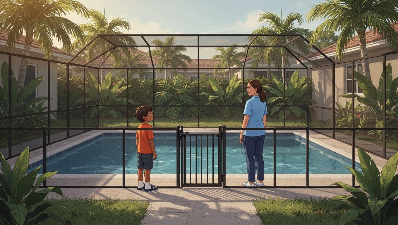 Black mesh pool fence surrounding a pool with a closed gate. Autism Pool Safety
