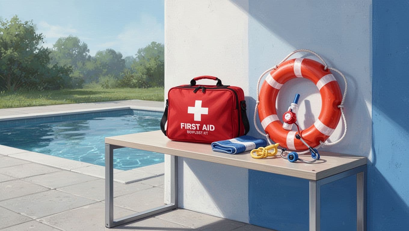 A first aid kit and pool safety gear sit on an outdoor shelf. Pool Rescue Equipment