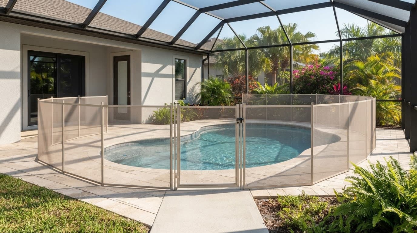A mesh fence encloses a pool with one gate and closed doors beyond the deck.