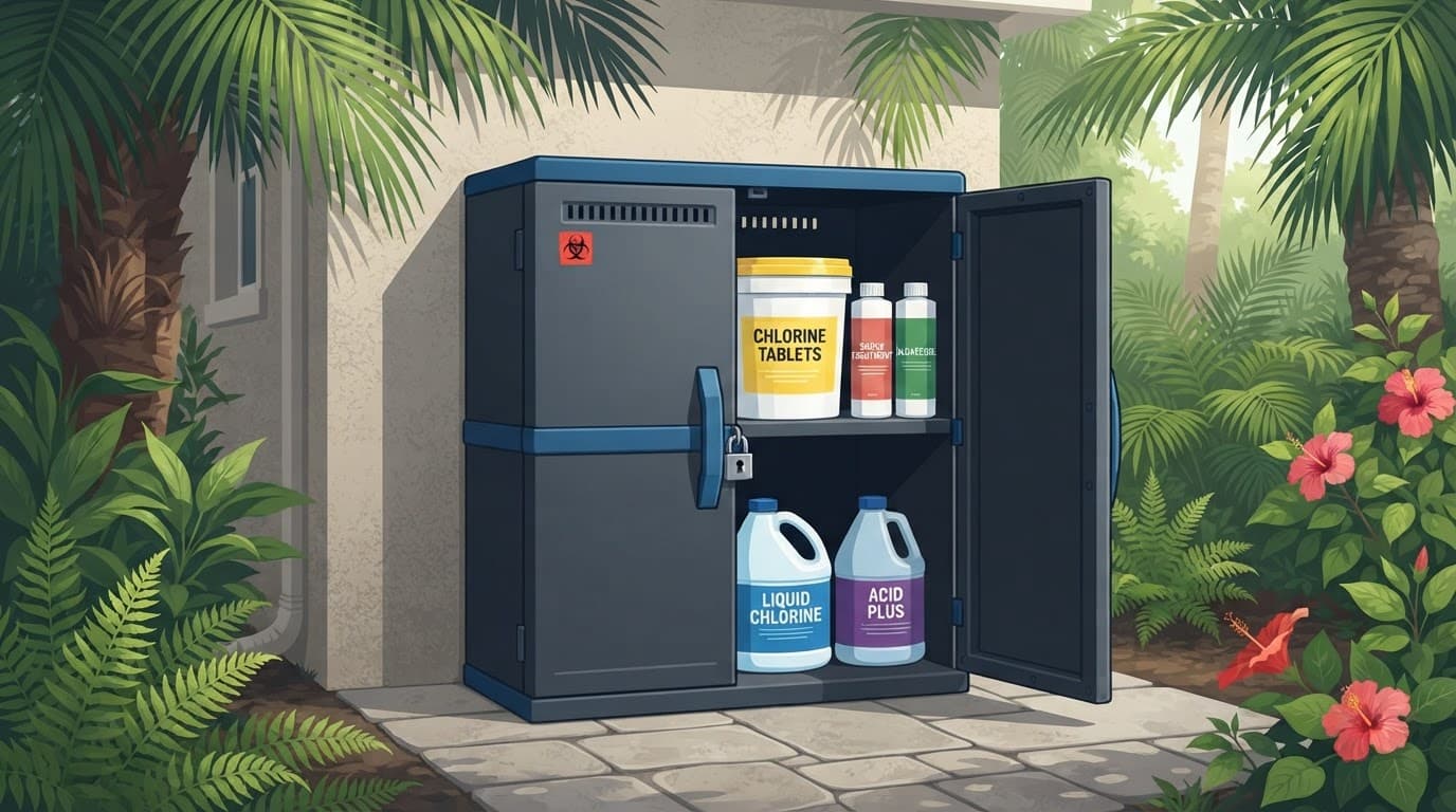 Locked cabinet with upright containers on separate shelves in a shaded backyard utility area.