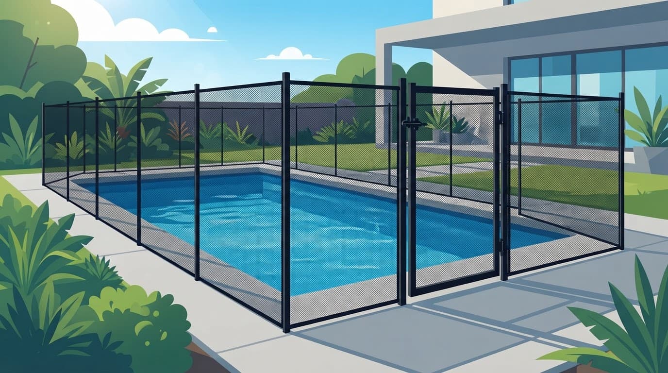Black mesh fence encloses a blue backyard pool after roof work, with a secure gate. Pool Barrier Protection