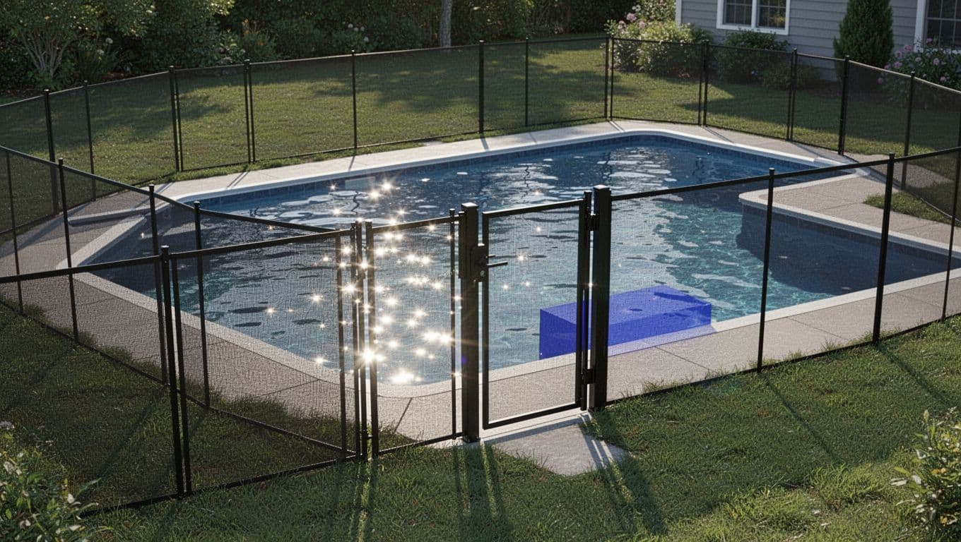 Black mesh fence surrounding a blue backyard pool with a locking gate.