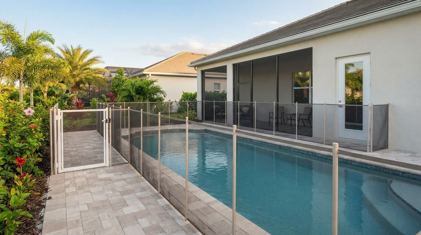 Pool with a mesh safety barrier, gate, and separate access routes beside a screened lanai.