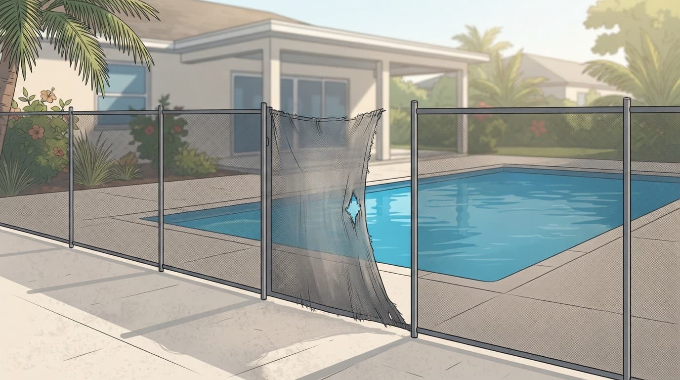 A worn mesh pool fence with sun fading and a small tear beside a backyard pool.