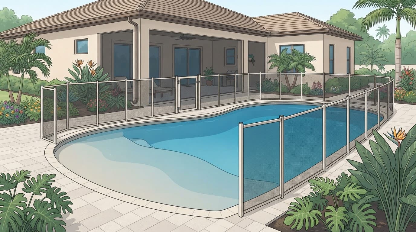 Zero-entry pool barrier enclosing a shallow-entry pool in a tropical backyard.