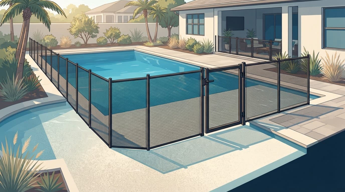 Zero-entry pool barrier protecting a shallow pool entrance with a fine-mesh fence and safety gate.