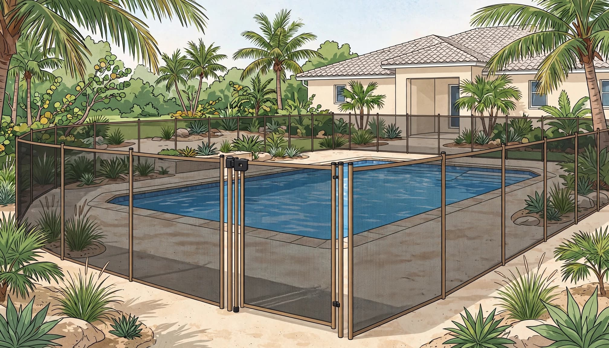 Pool fence HOA approval may involve a removable mesh fence and self-closing gate around a Southwest Florida pool.
