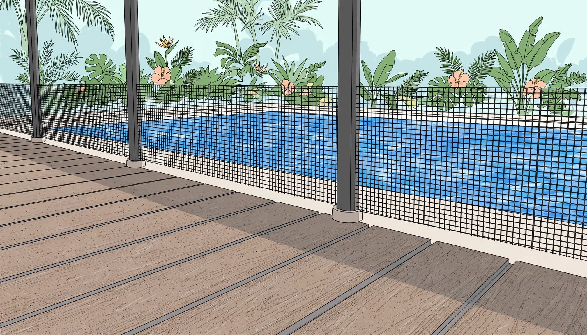 Composite pool decks beside a removable mesh fence, with post locations near the board edges.