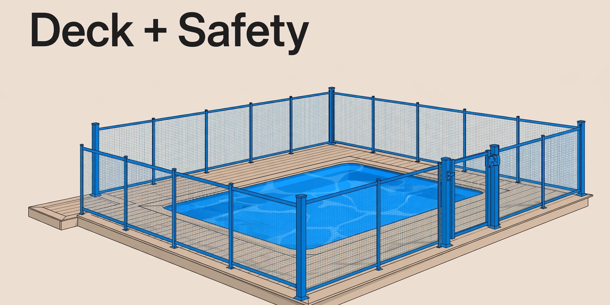 A blue pool surrounded by a composite deck and removable mesh fence.