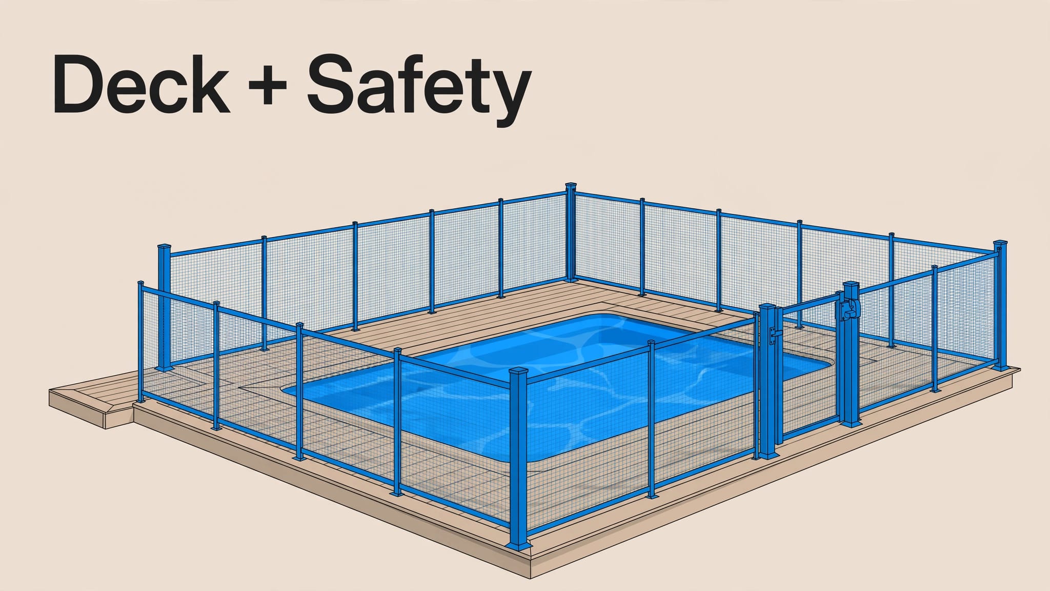 Composite Pool Deck A blue pool surrounded by a composite deck and removable mesh fence.