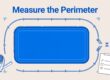 Top-down pool diagram with a curved safety barrier route and measuring tools.