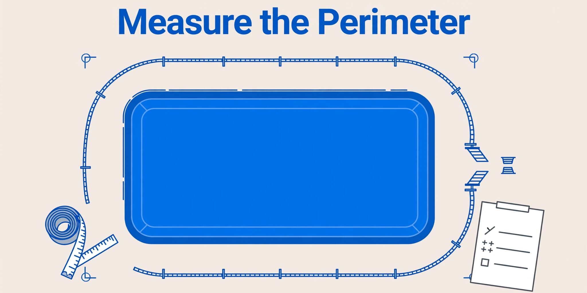 Top-down pool diagram with a curved safety barrier route and measuring tools.