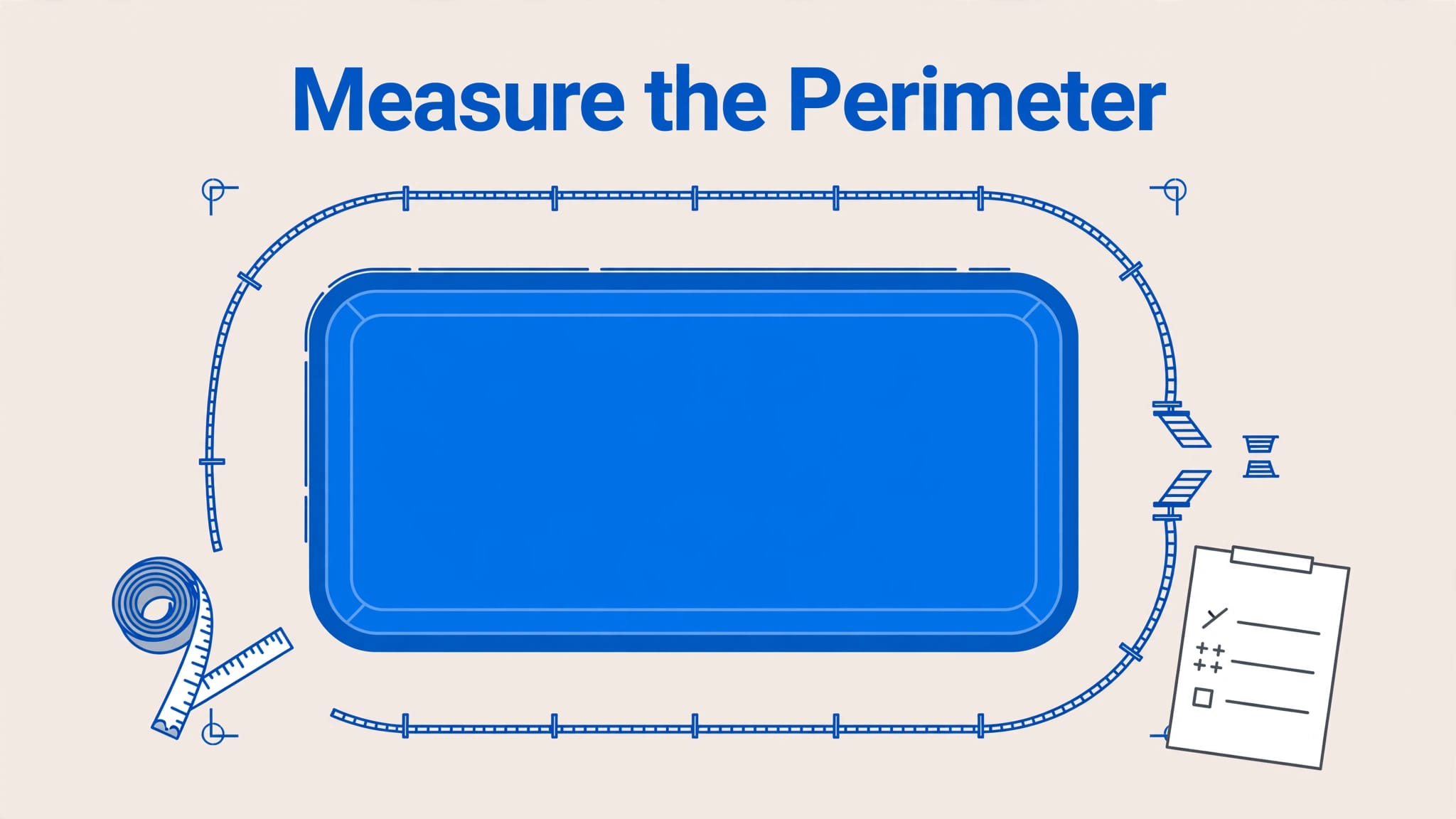 Top-down pool diagram with a curved safety barrier route and measuring tools.