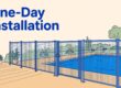 A mesh safety fence and gate surround a backyard pool beneath a One-Day Installation headline.