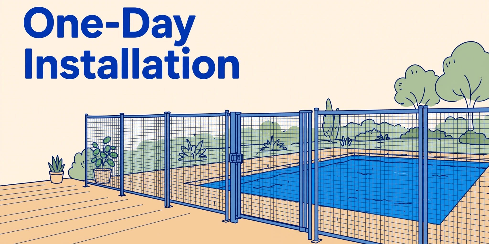 Removable Pool Safety Fence A mesh safety fence and gate surround a backyard pool beneath a One-Day Installation headline.