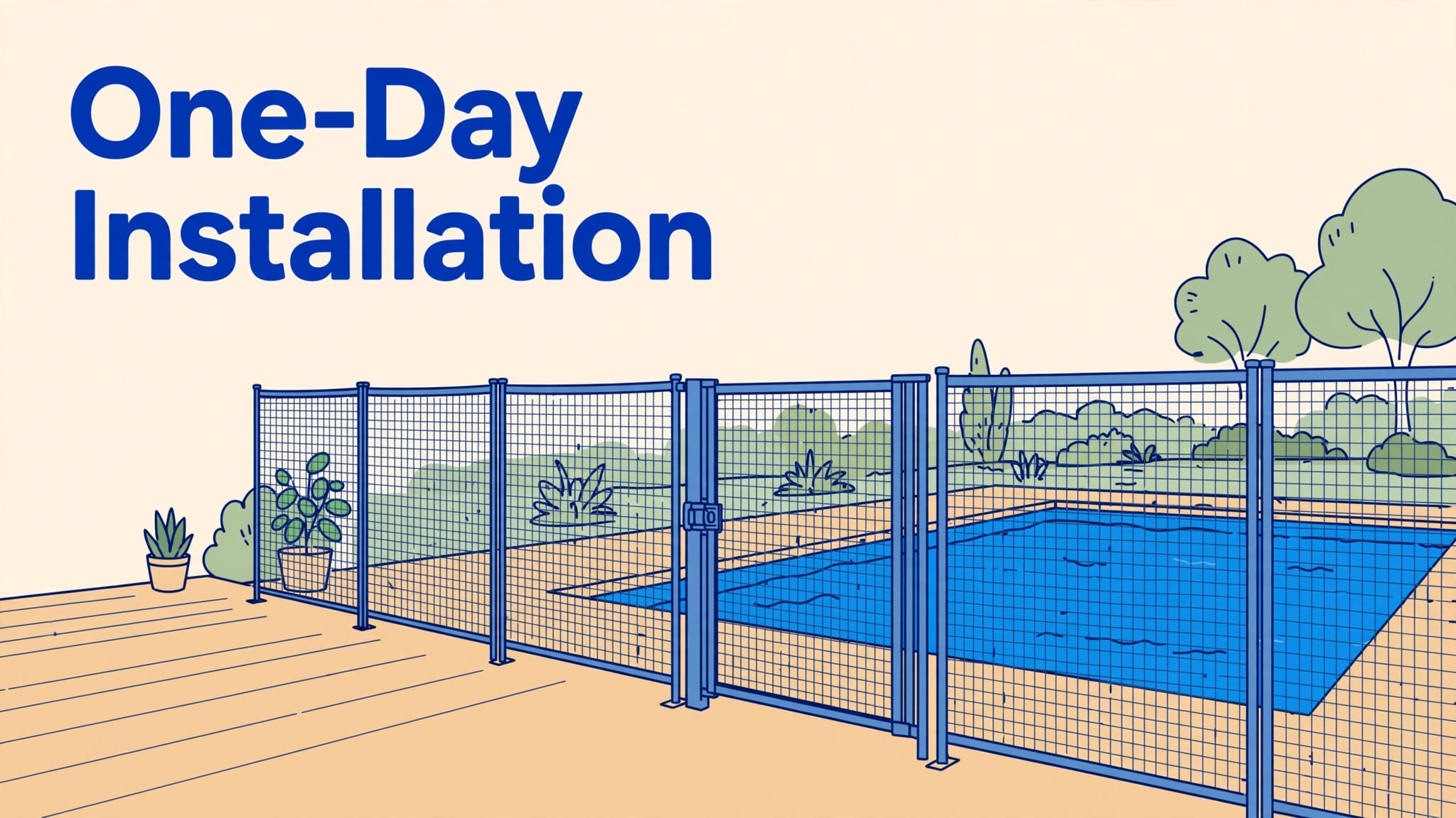 A mesh safety fence and gate surround a backyard pool beneath a One-Day Installation headline.